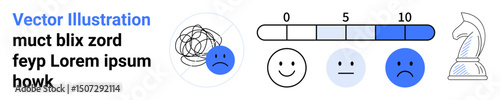 Emotional rating bar with gradient levels, happy face, neutral face, sad face, scribble, and chess knight. Ideal for emotion tracking, mental health, decision-making feedback progress balance