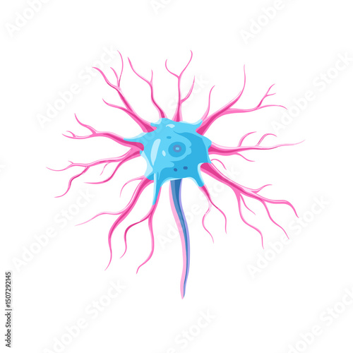 Isolated Neuron Cell with Pink Dendrites Blue Cell Body on White Background For Medical Illustration