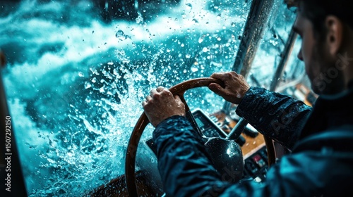 A captain steering a ship through a storm with steady hands, representing imperturbable leadership under pressure