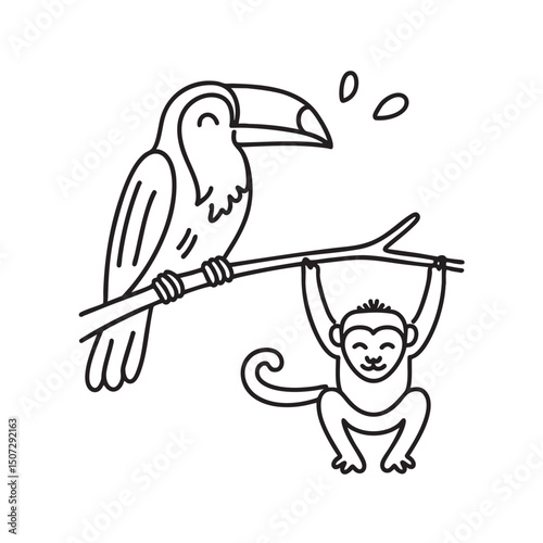 A toucan perched near a monkey hanging on the branch