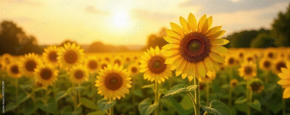 Obraz premium A vibrant field of sunflowers basking in the warm, golden light of a late summer afternoon, exhibiting the eagerness of nature's bounty at its peak , nature, joyful, cheerful