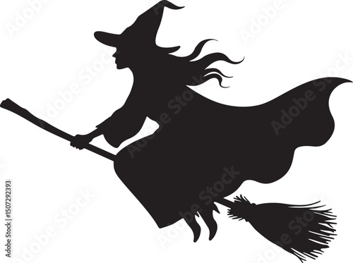 Witch silhouette, Halloween witch on a broomstick flying silhouette vector illustration on white background.
