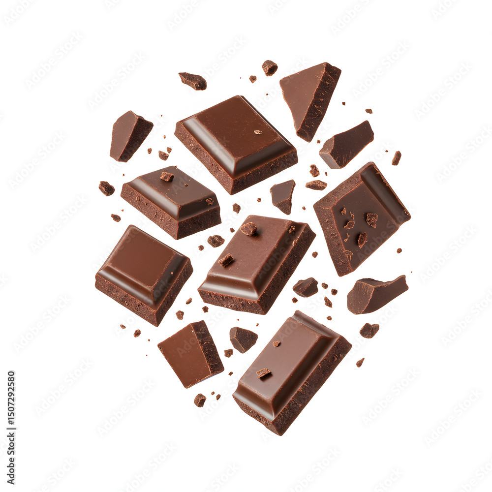 Fototapeta premium Pieces of Dark Crumbled Chocolate Floating on White Background