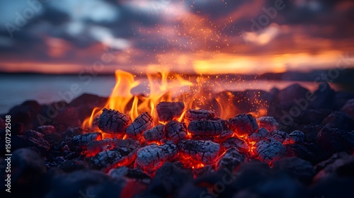 Rustic Garden Grill Advertisement with Lively Lump Charcoal Flames and Creative Outdoor Cooking Ambience in Twilight Setting