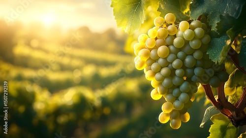 Vivid portrayal of clusters of unripe green grapes on a radiant vine in a lush vineyard during early season growth