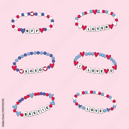 Patriotic friendship bracelet Taylor illustration set. Hand drawn vector set red white and blue