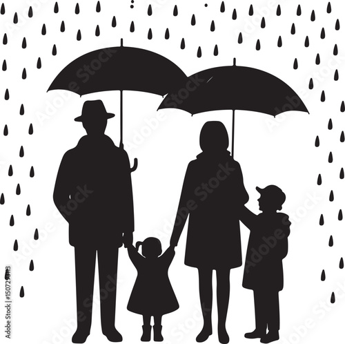 Umbrella in the Rain: A monochromatic artistic depiction of an umbrella shielding from a downpour, emphasizing protection and weather-related elements.