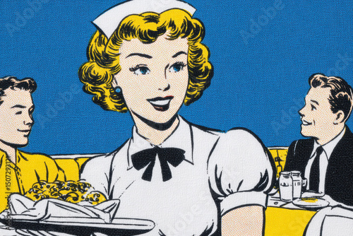 Waitress serving food with smiling customers in retro comic style art