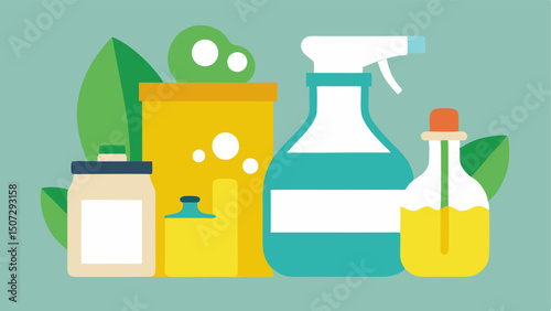 DIY Natural Cleaning Supplies An illustration of homemade natural cleaning supplies like vinegar and baking soda in glass containers showcasing their ecofriendly cleaning benefits.