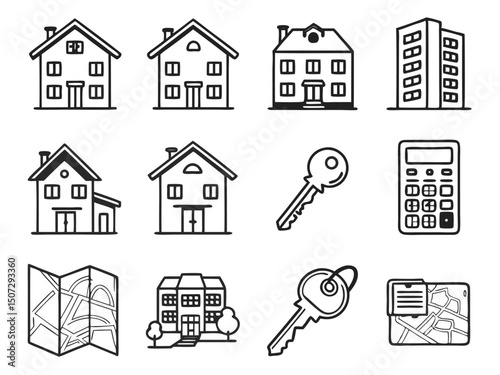 Real Estate Icon Set – Black and White Line Art for Property and Housing