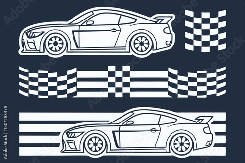 Racing car graphics set with sports cars, checkered flags, and stripes. Vector vehicle wrap decals and vinyl sticker elements for motorsport.

