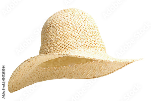 Straw beach hat three quarter turn to right and raised up isolated white background. Hat with clipping path as design banner, studio shot with sunlight. Summer travel hat for beach holidays on