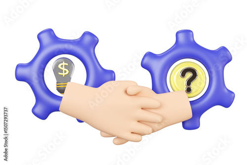 3d business problem solving handshake concept with cartoon hand, question mark in gear, light bulb, coins isolated. 3d illustration render