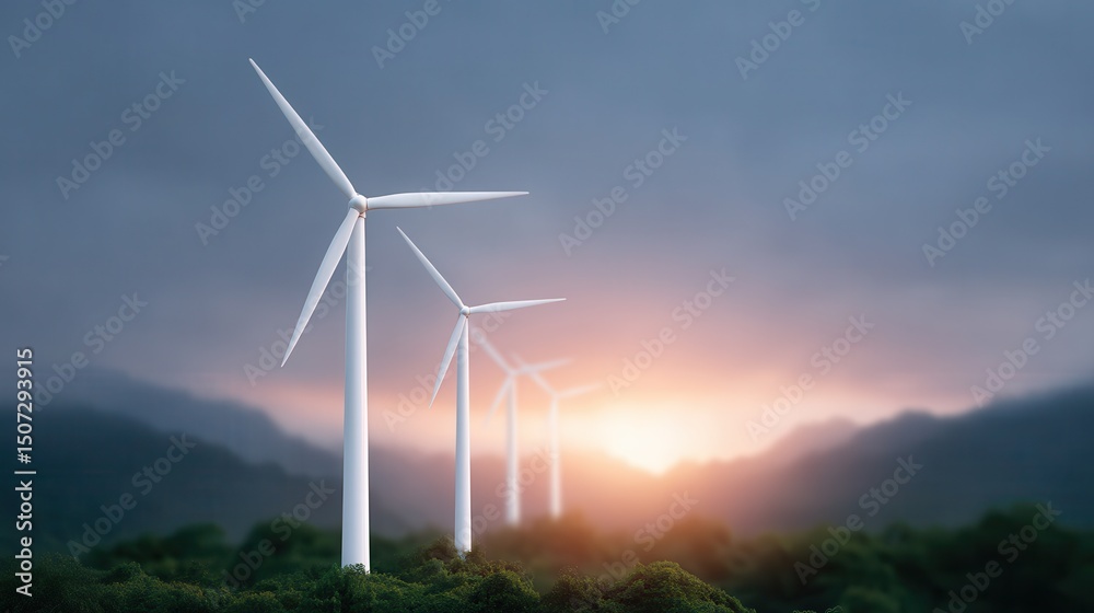 Obraz premium A stunning landscape featuring wind turbines on a hill, surrounded by lush greenery. The background showcases a dramatic sunset, highlighting the importance of renewable energy.