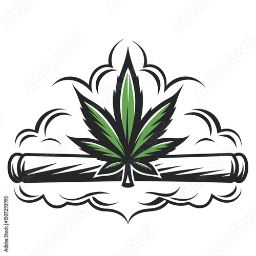 Stylized cannabis leaf and rolled joint with smoke clouds. Vector marijuana emblem icon for a dispensary logo or brand identity.

