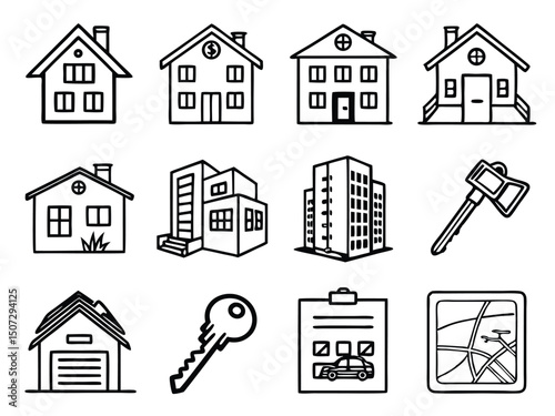 Real Estate Icon Set – Black and White Line Art for Property and Housing