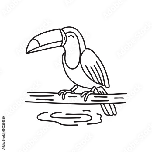 A toucan resting on a log near a shallow stream