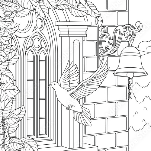 Vector illustration, a pigeon flies near the window of a building