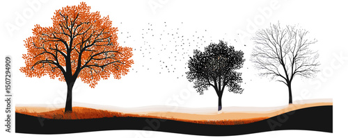 Elm Tree in Prairie Autumn Scene, Woodland Forest Silhouette, Seasonal Nature, Tree Vector Illustration, Black Tree Cutout, Natural Art, Fall Landscape, rustic countryside.
