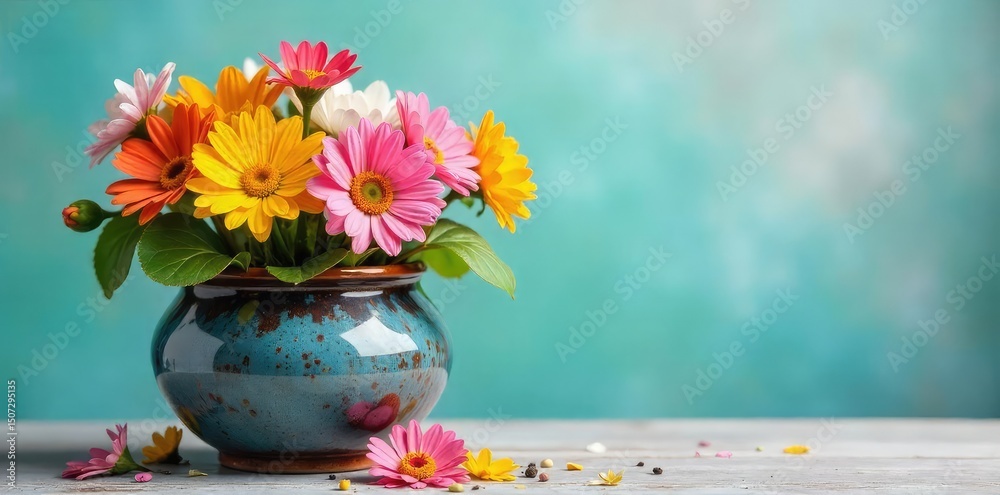 custom made wallpaper toronto digitalA vibrant ceramic pot overflowing with colorful flowers, symbolizing joy and contentment Perfect for concepts of well-being, positivity, and inner peace , plant, garden