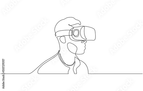 Young man wearing 3d or VR glasses in continuous one line drawing, Virtual reality game player concept one line draw design vector illustration.