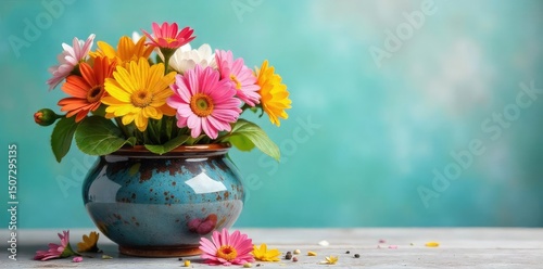 Wallpaper Mural A vibrant ceramic pot overflowing with colorful flowers, symbolizing joy and contentment Perfect for concepts of well-being, positivity, and inner peace , plant, garden Torontodigital.ca