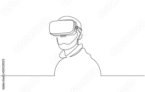 Young man wearing 3d or VR glasses in continuous one line drawing, Virtual reality game player concept one line draw design vector illustration.