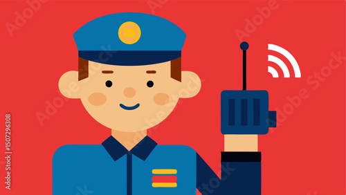Backup Request A closeup of an officer holding a radio up to their ear with a determined expression and a visual representation of a signal being sent for backup.