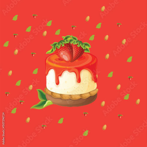 Cake with cream and fruit:Strawberry pancakes isolated vector illustration