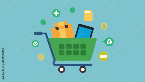 Cyber Monday Shopping Cart A shopping cart filled with new gadgets and surrounded by old electronics with recycling icons highlighting the tradein promotion for shoppers.