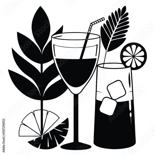 Cartoon Cocktail Glass Drink Black White Line Art