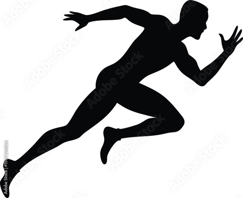 Running Man Silhouette: Powerful Runner in Full Stride on White Background                                                                            