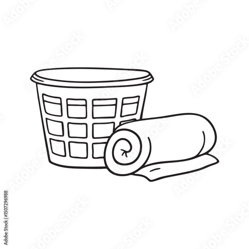 A towel rolled up near a emptyy basket of laundry