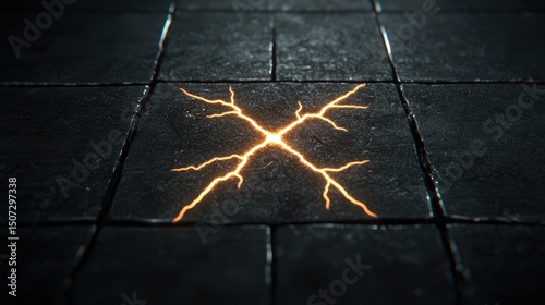An electrifying image showcasing a striking lightning bolt pattern on a textured floor. Ideal for themes related to energy, power, and modern technology.