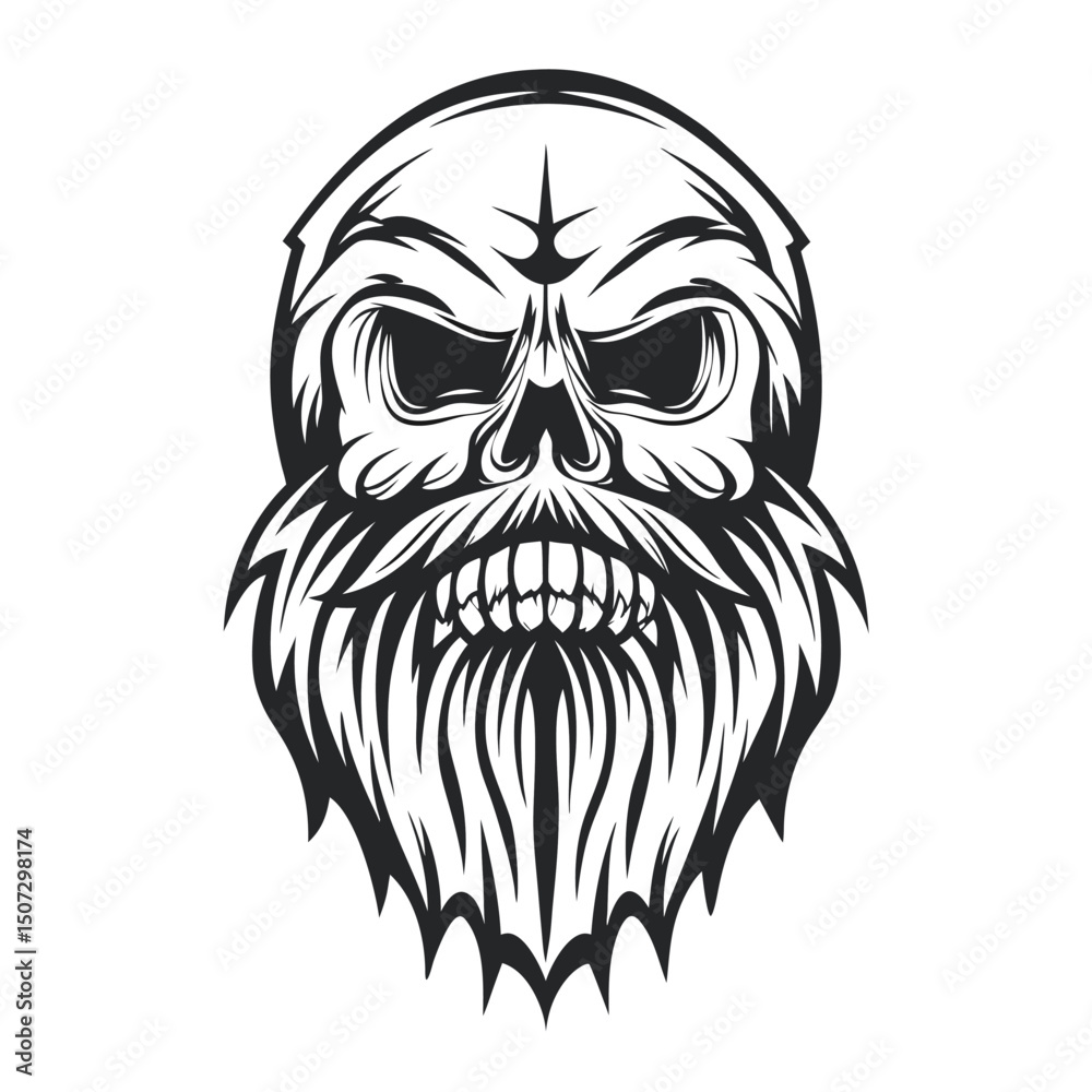 Fototapeta premium Monochrome Vector Illustration of a Skull with Beard: Graphic Design Element, Halloween, Tattoo 