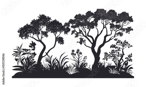 Wild tree vector illustration, eucalyptus forest silhouette, organic design elements, black tree shapes, rainforest greenery, tropical foliage art, spring landscape, natural environment.