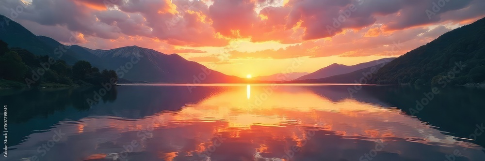 Fototapeta premium A tranquil sunrise over a calm lake, reflecting the peaceful resolution and new beginnings of life Perfect for themes of serenity, hope, and fresh starts , dreams, lake