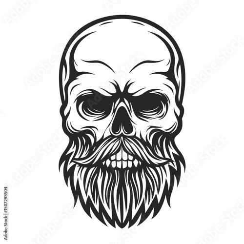 Detailed Black and White Skull with Beard Illustration in Vector Format on a Clean White Background.                                                  