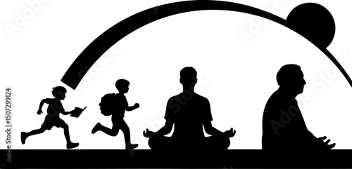 Abstract vector silhouettes showing human life evolution: child playing, student learning, adult running, person meditating, and elder reflecting. Silhouettes form a gentle arc like a rising and setti