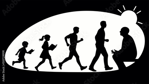 Abstract vector silhouettes showing human life evolution: child playing, student learning, adult running, person meditating, and elder reflecting. Silhouettes form a gentle arc like a rising and setti