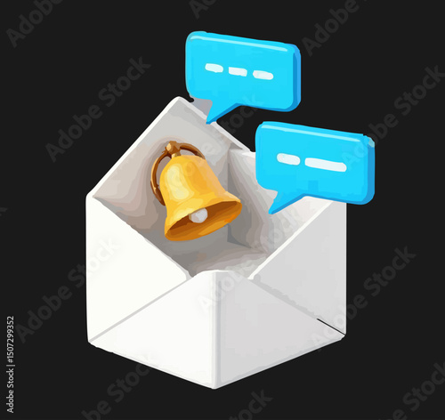 3D Email Notification Icon – Message Alert with Bell and Chat Bubble