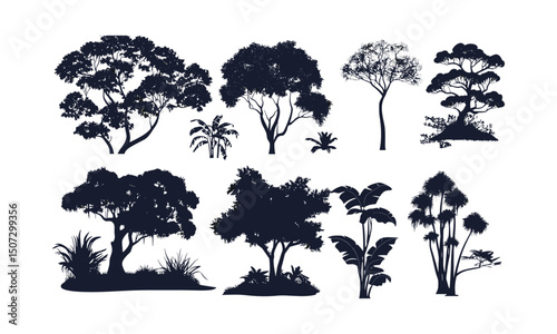 Rainforest Eucalyptus Tree, wild tree, forest silhouette, nature clipart, black tree, tree vector, vector illustration, natural environment, jungle plants, woodland scene, eco design.