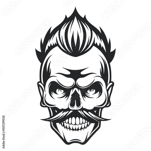 Skull with Hairstyle and Moustache: Detailed Black and White Vector Illustration for Tattoo, Design, or Print                                         