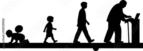 Vector silhouette illustration representing the stages of human life: infant crawling, child walking, teenager standing tall, adult working, elderly person with a cane. Each figure shown in sequence f