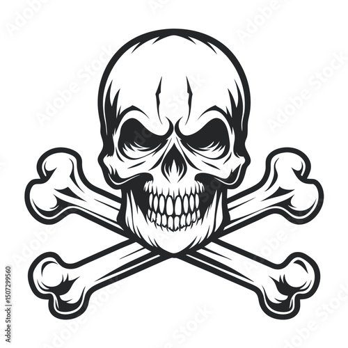 Stylized Skull and Crossbones Graphic Illustration in Black and White, Ideal for Halloween Design Projects.                                           