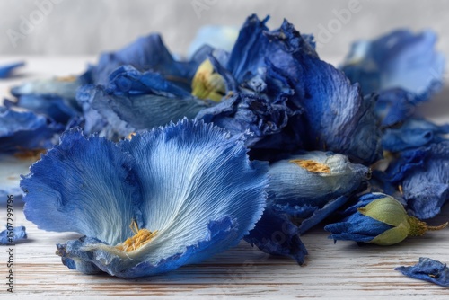Close-up studio shot of vibrant blue butterfly pea flower petals on a wooden surface, creating a soft and artistic display for backgrounds and decorative purposes.