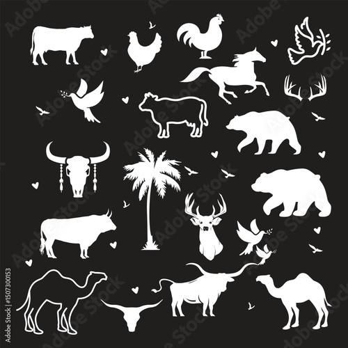Big vector set of different world wild animals, mammals, fish, reptiles and birds. Rare animals. Funny flat characters