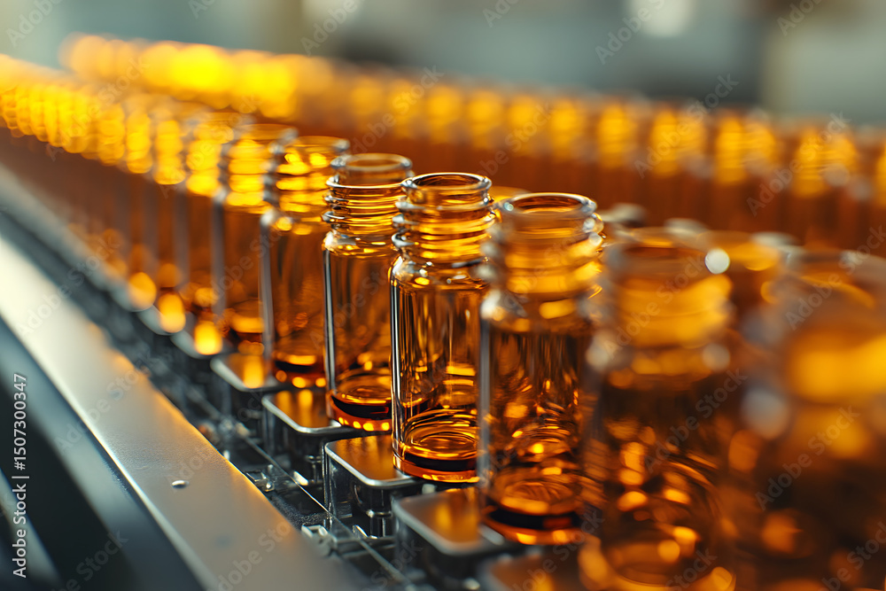 Close-up of amber glass vials in a modern lab setting, showcasing an innovative production process. Close-up of amber glass vials in a modern lab setting, showcasing an innovative production process.
