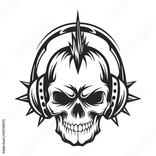 Monochrome Skull with Mohawk and Spiked Headphones: Vector Illustration                                                                               