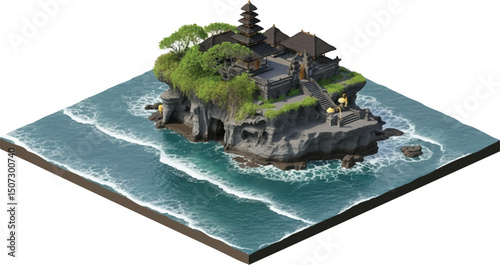 Stunning 3D Isometric Illustration of a Coastal Temple  Ocean Waves Crashing Against Volcanic Rock
